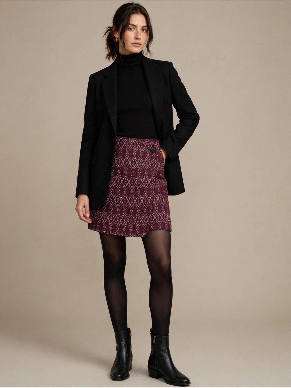 LOFT Burgundy Patterned Mini Wrap Skirt